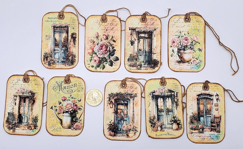 9~Ephemera~Handmade~Linen Cardstock~French~Doors~Gift~Hang~Tags~Junk Journals