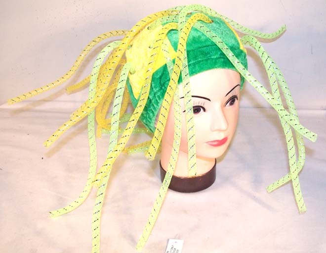 GREEN & YELLOW CRAZY PARTY NOODLE HAT dress up hats cap wild costume men women