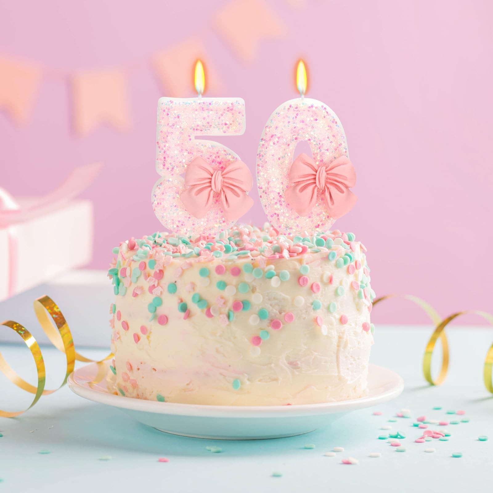 50th Birthday Candles for Cake, Pink Bow Number Cake Candles, 2.76 inch Numbe…