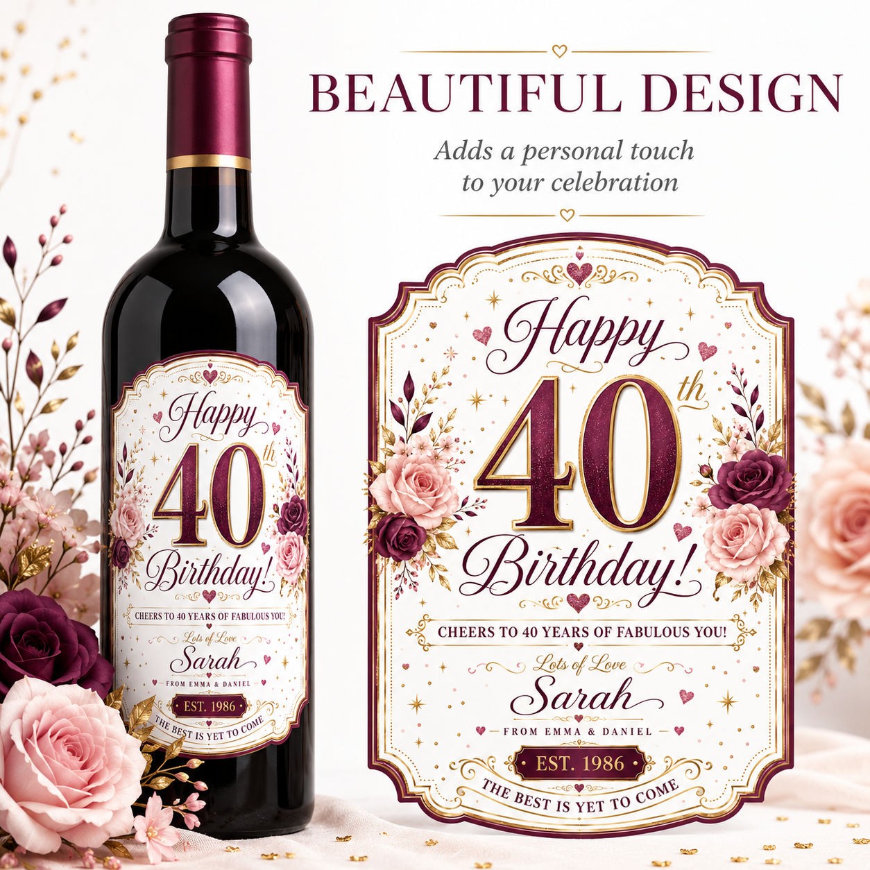 Personalised 40th Birthday Bottle Label Sticker Wine Gift Purple Gold