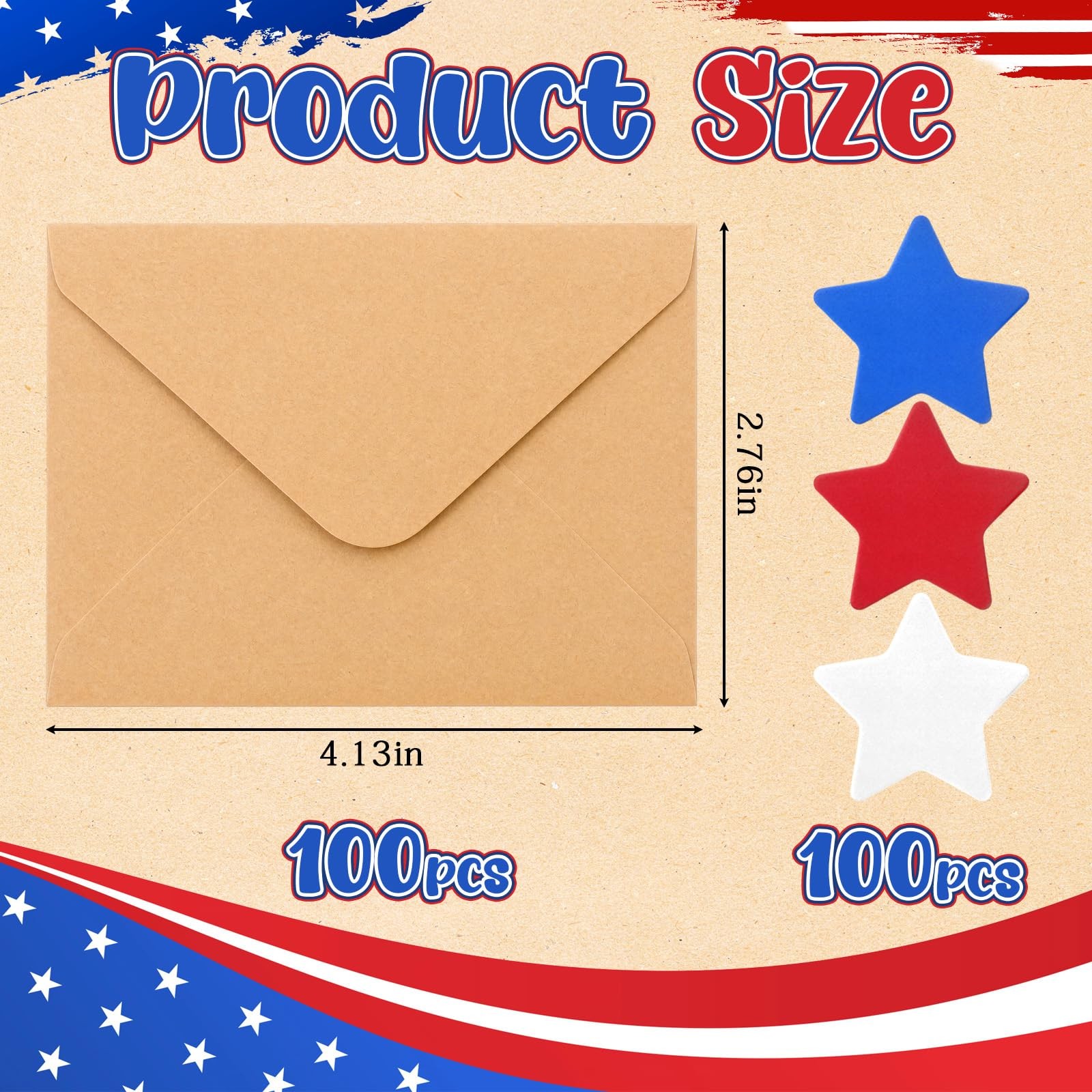 100 Sets 4th of July Star Cards Bulk with Mini Kraft Envelopes, Patriotic Star S