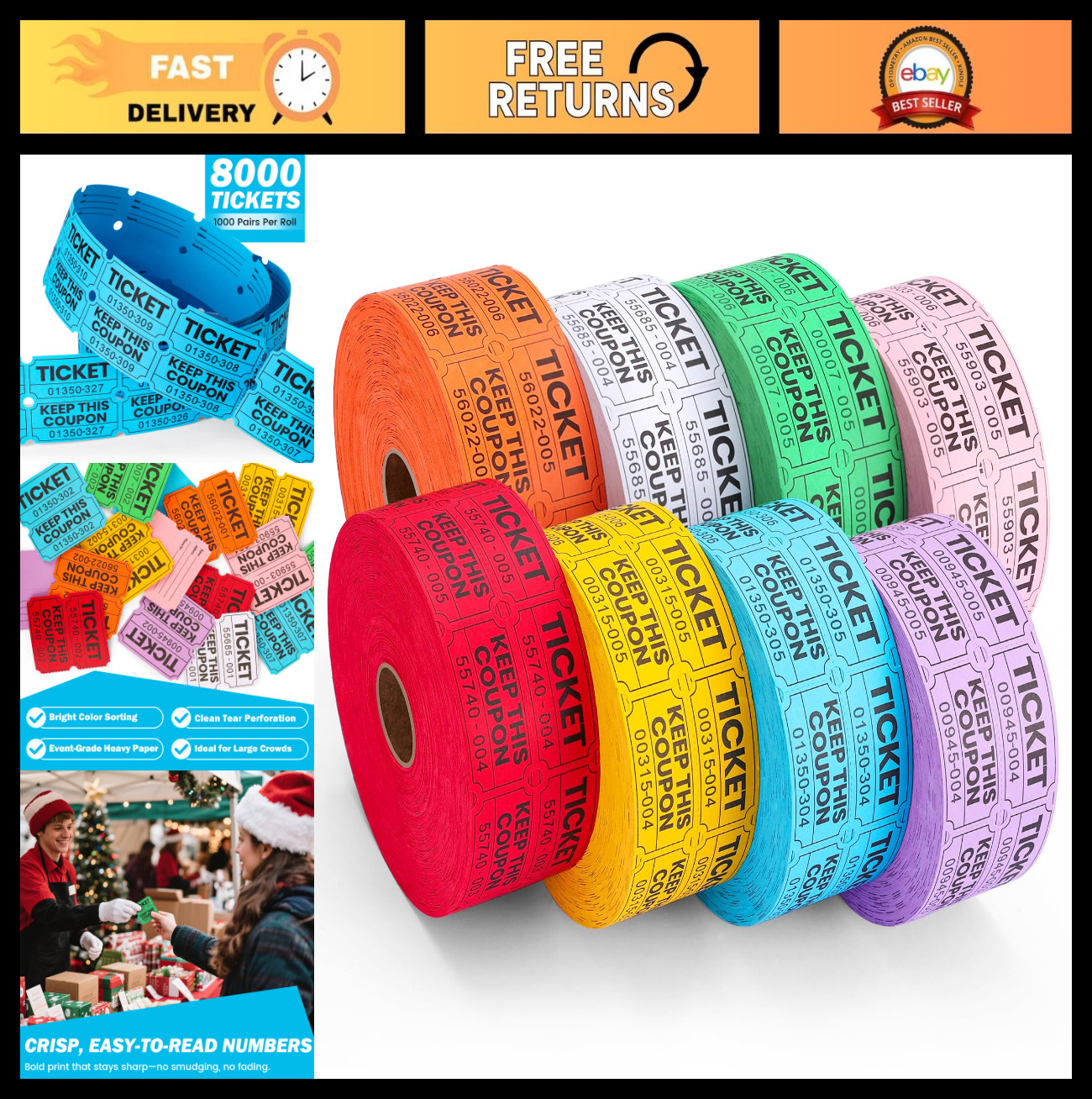 8000 Raffle Tickets – 50/50 Double Rolls, 8 Colors, 1000 Tickets Each for Events