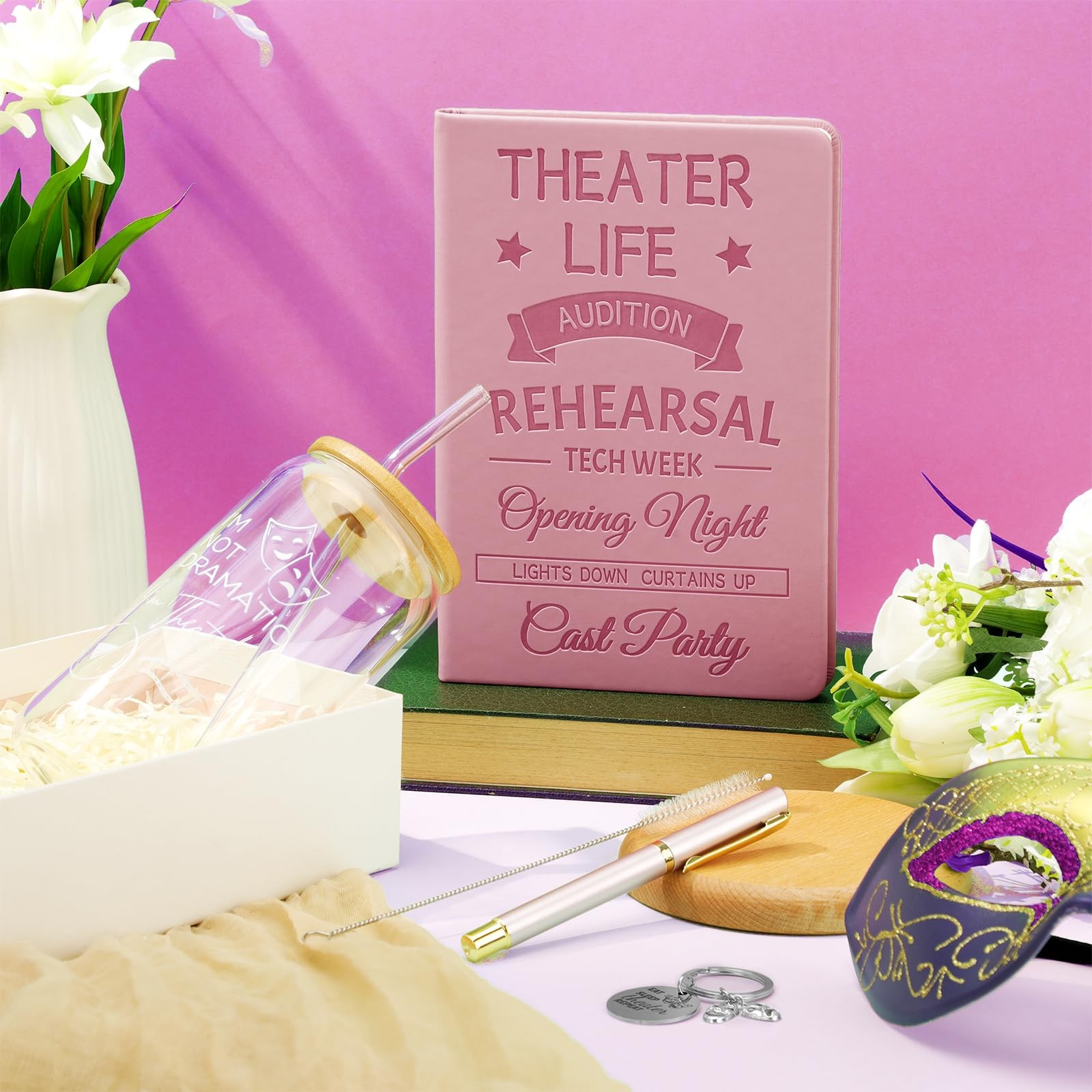 4 Pcs Theatre Gifts for Women Teens Theater Life 16oz Glass Cup Leather Notebook