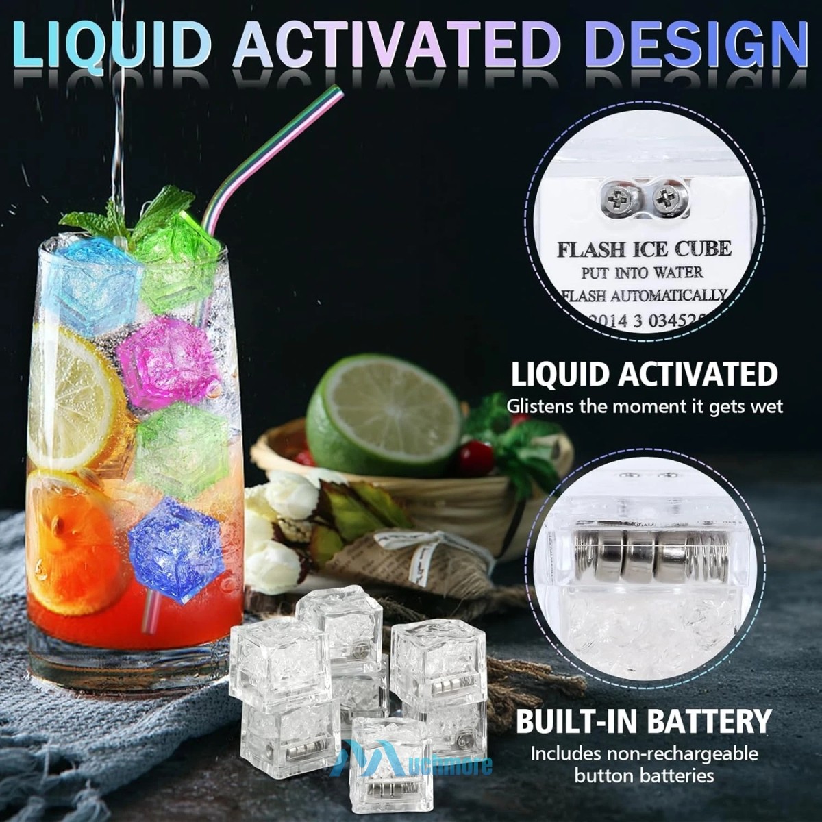 Liquid Activated LED Ice Cubes for Mojito Cocktails Drinks Multi-Color Changing