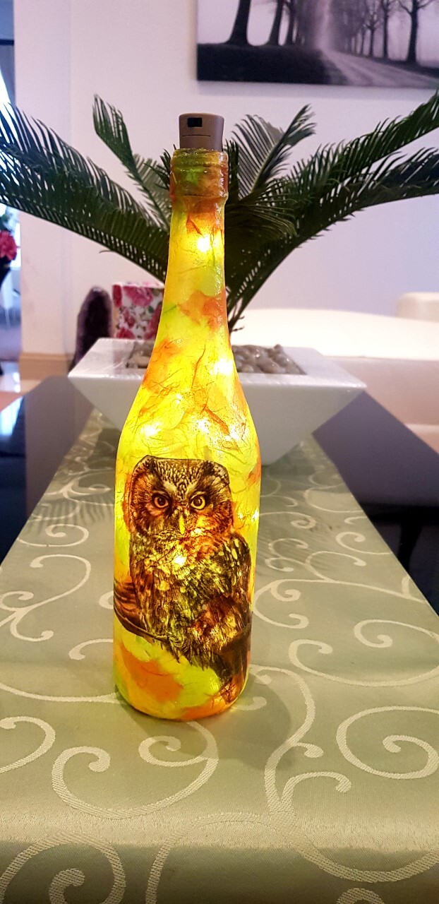 Hand Decorated Light Up Bottle Lamp with Owl Design One of a Kind Unique Gift