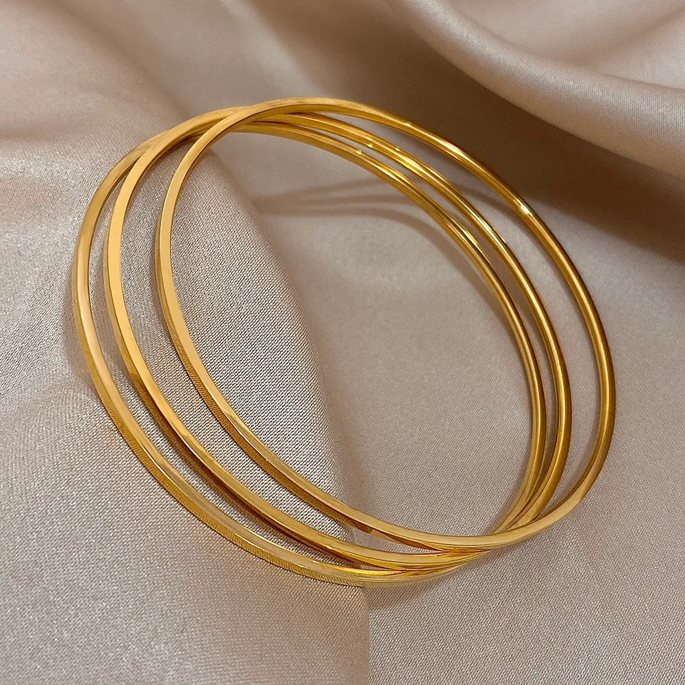 Bangle 3Pcs/Set Shiny Thin Simple Circle Bracelet 14K Yellow Gold About 17.8cm