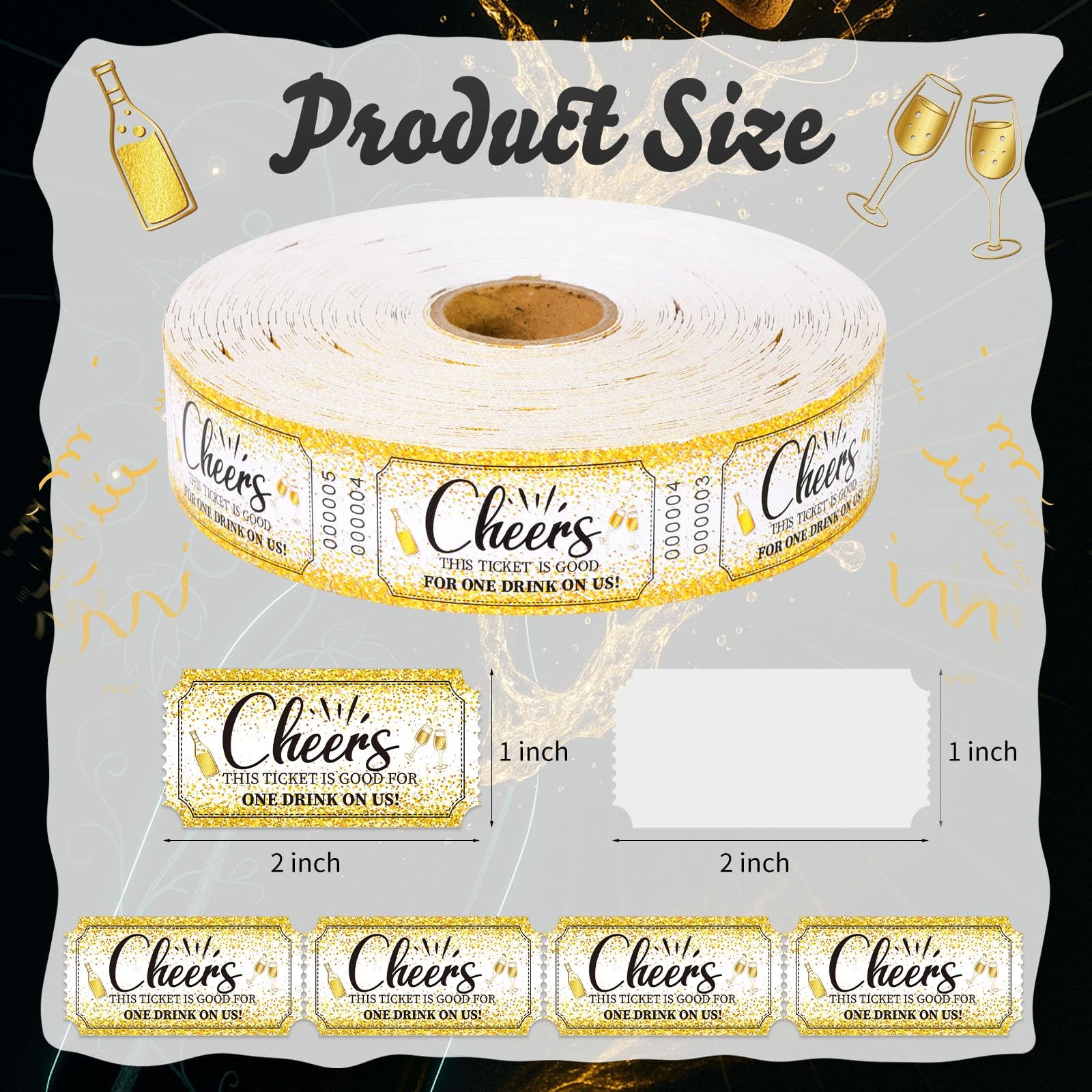1000 PCS Drink Ticket Single Raffle Tickets Roll Cocktail Cheers Event Gold