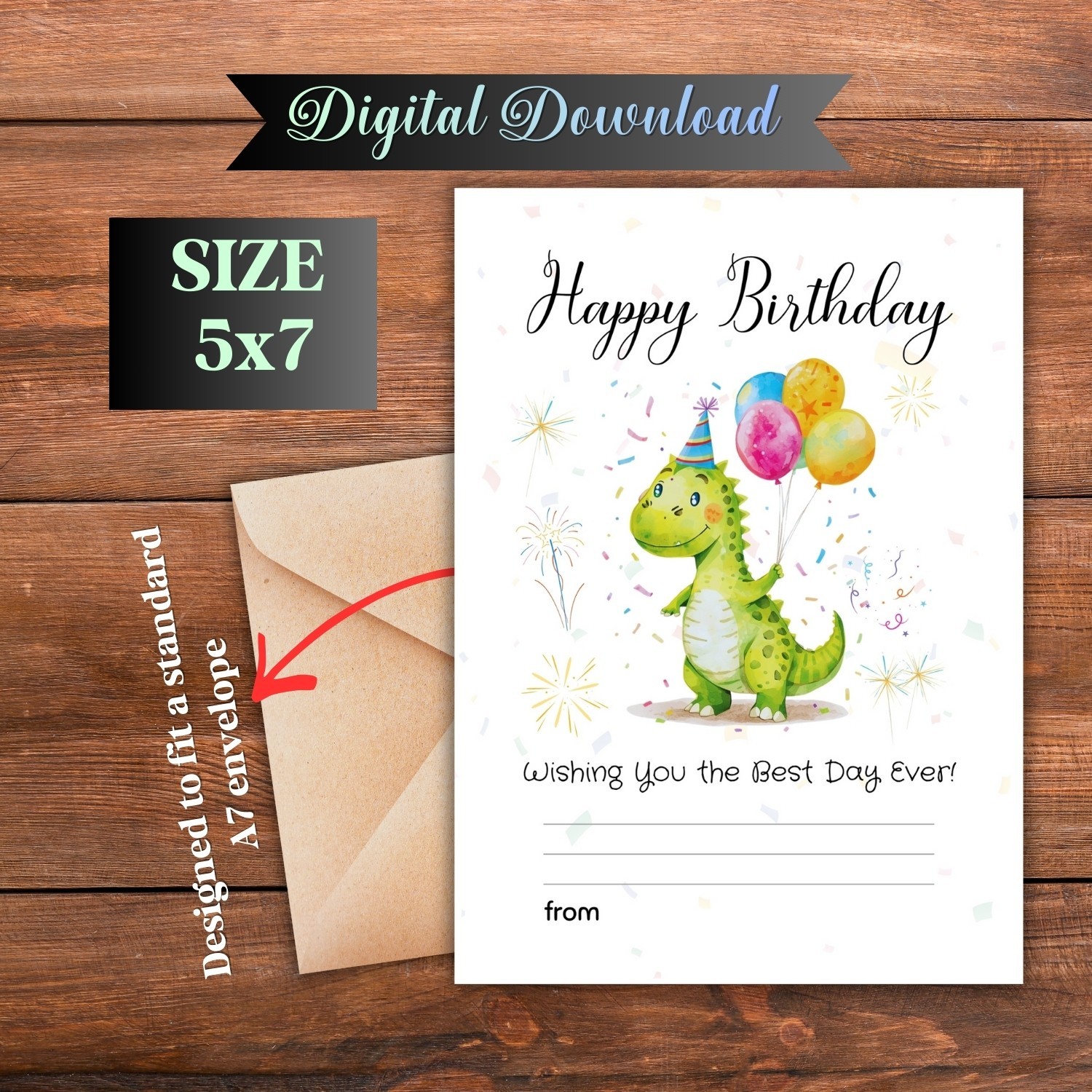 Cute Dinosaur Birthday Card for Kids | Printable Digital Download