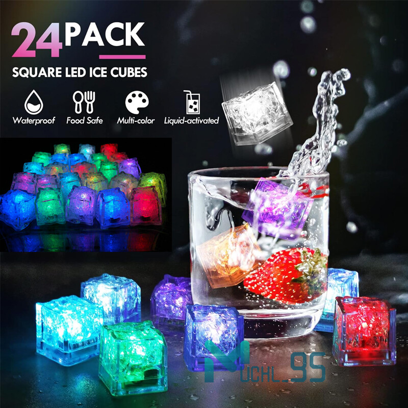 24x Waterproof Light Up LED Ice Cubes for Party Drinks Glowing Flashing Ice Cube
