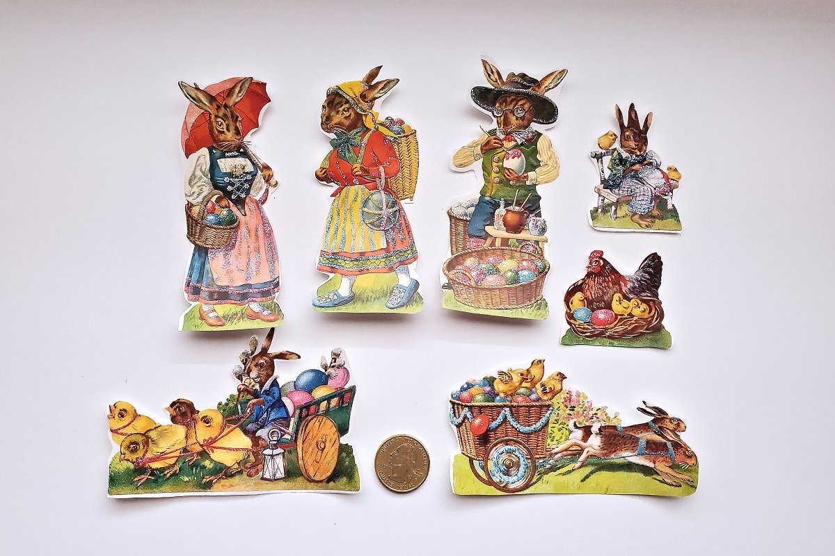 7-Easter-Victorian-Fussy Cut-Embossed-Scrap Reliefs-Bunnies-Glittered-Stickers