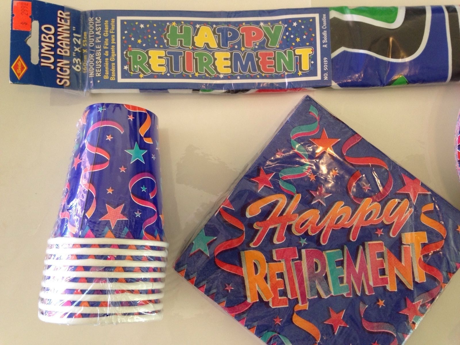 Happy Retirement Party Supplies – 8 people Plates, Napkins, Cups & Banner
