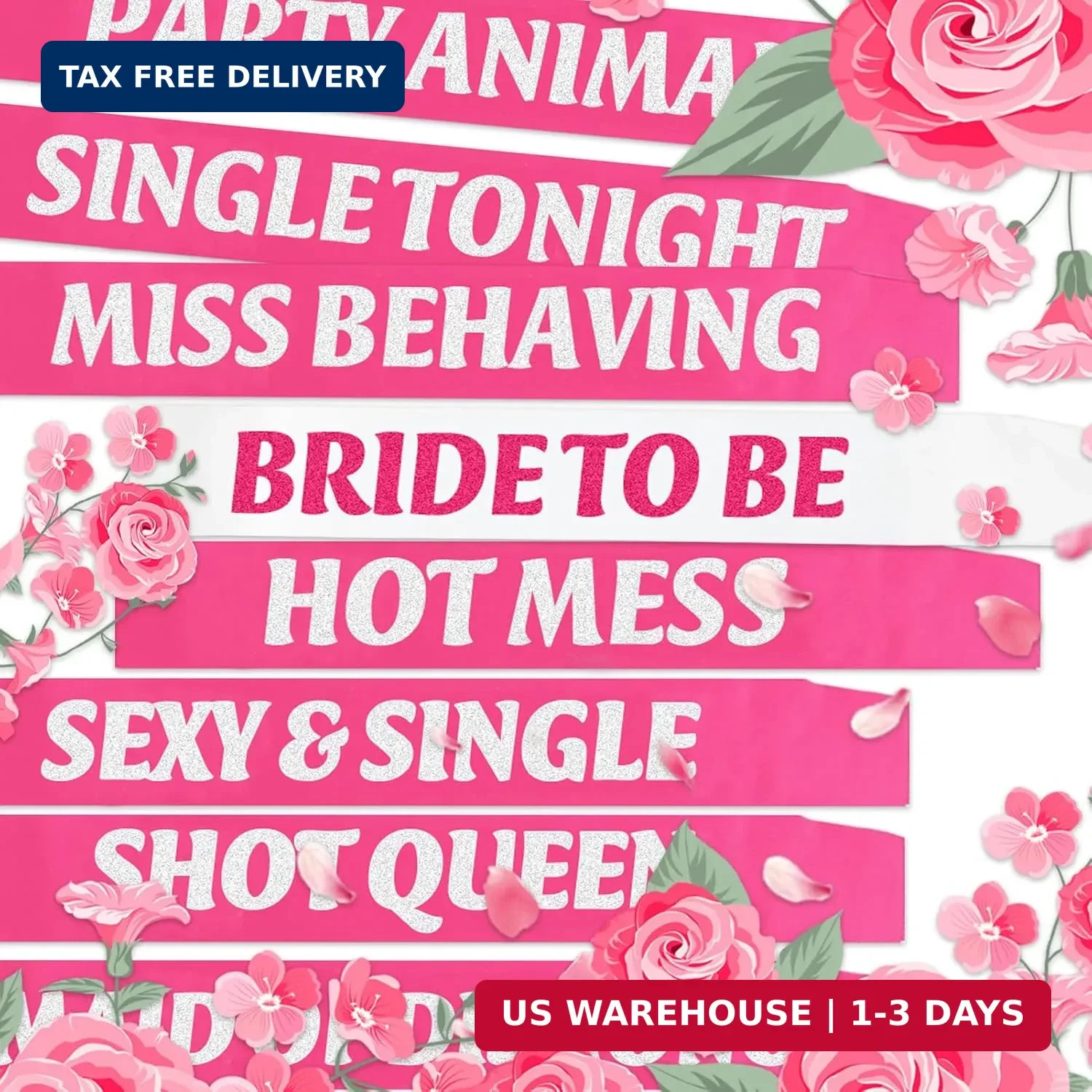 18Pcs Bachelorette Sashes Kit, 1 Pcs White Hot Pink Bride to be Sash and 17 Pcs