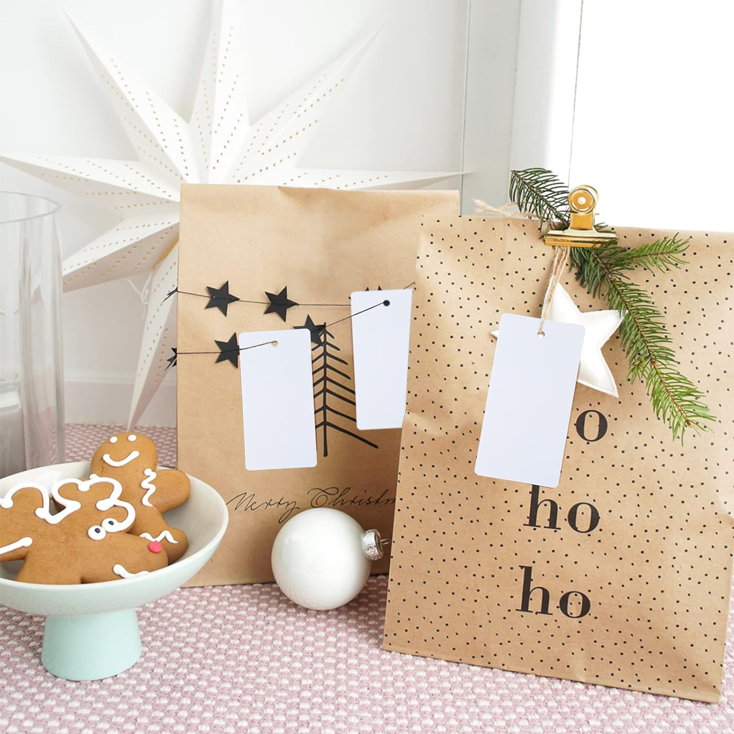 100PCS Blank Gift Tags,3.5” X 1.7” White Kraft Paper Gift Tag with String, Recta