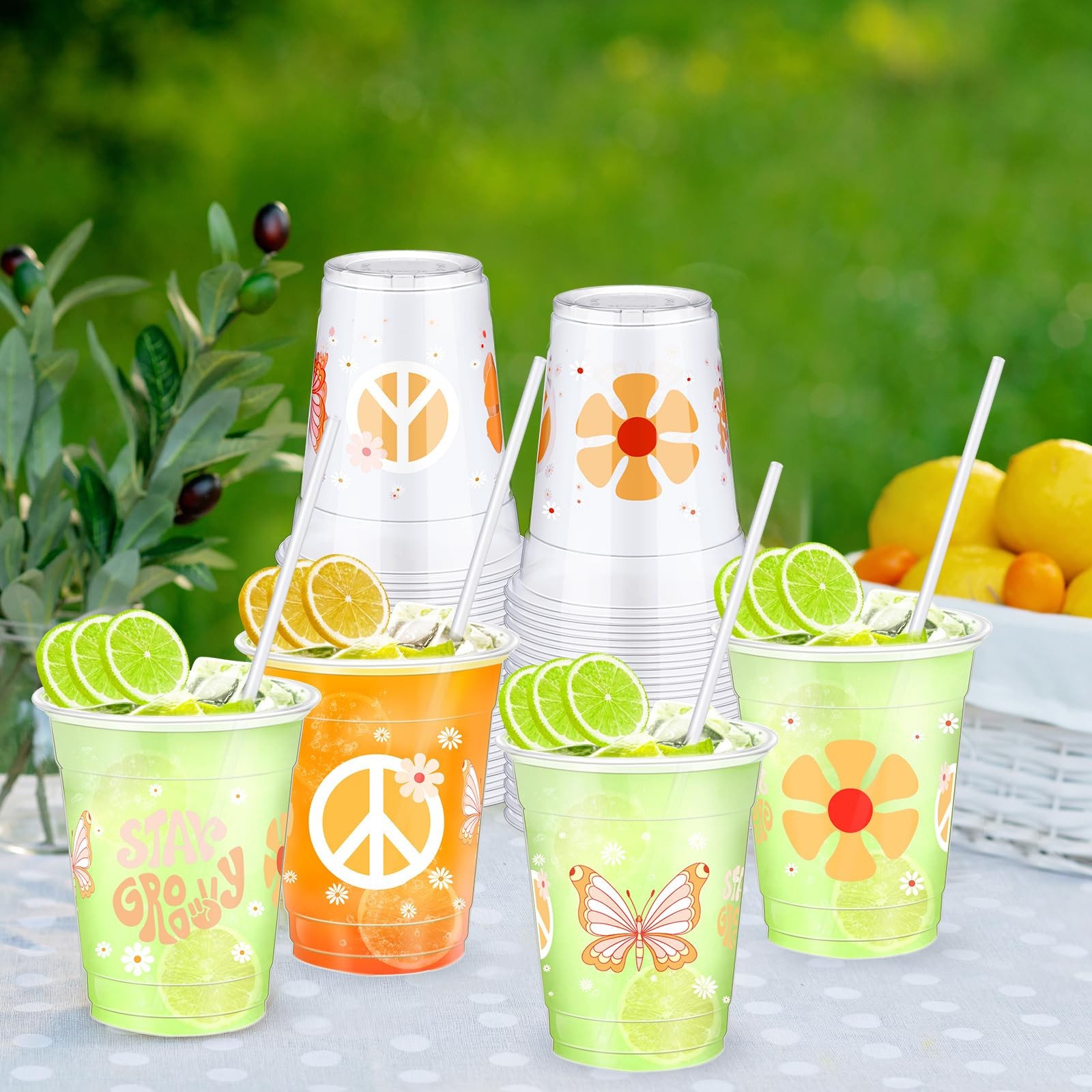 Sliner 50 Pcs Groovy Party Plastic Cups with Straws 3.7 x 4.3 inches, Clear