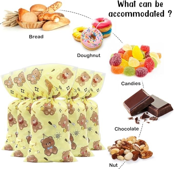 50pcs Bear Cellophane Treat Bags Yellow Cartoon Party Favor Bags Baby Shower