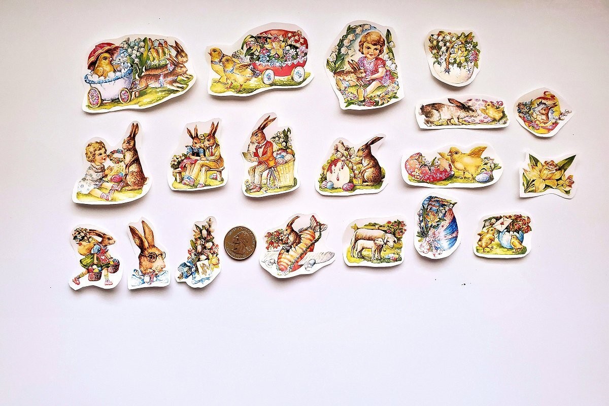 19-Easter-Victorian-Fussy Cut-Embossed-Scrap Reliefs-Bunnies-Glittered-Stickers