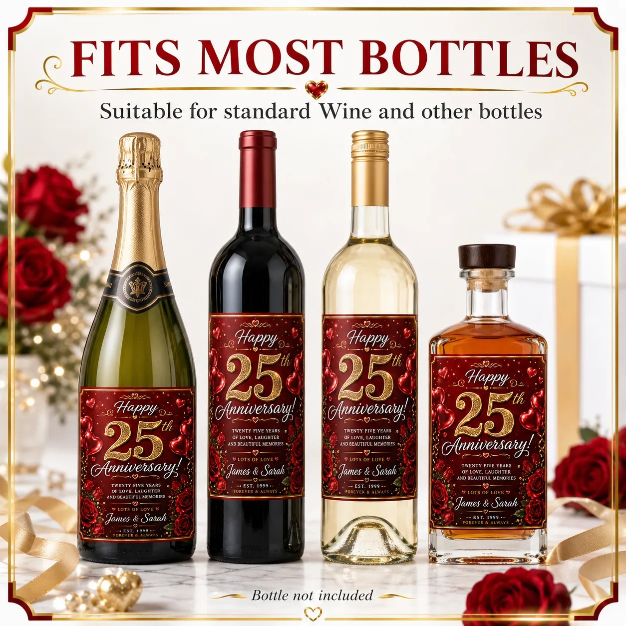 Personalised 25th Anniversary Bottle Label Sticker Wine Gift Red Rose