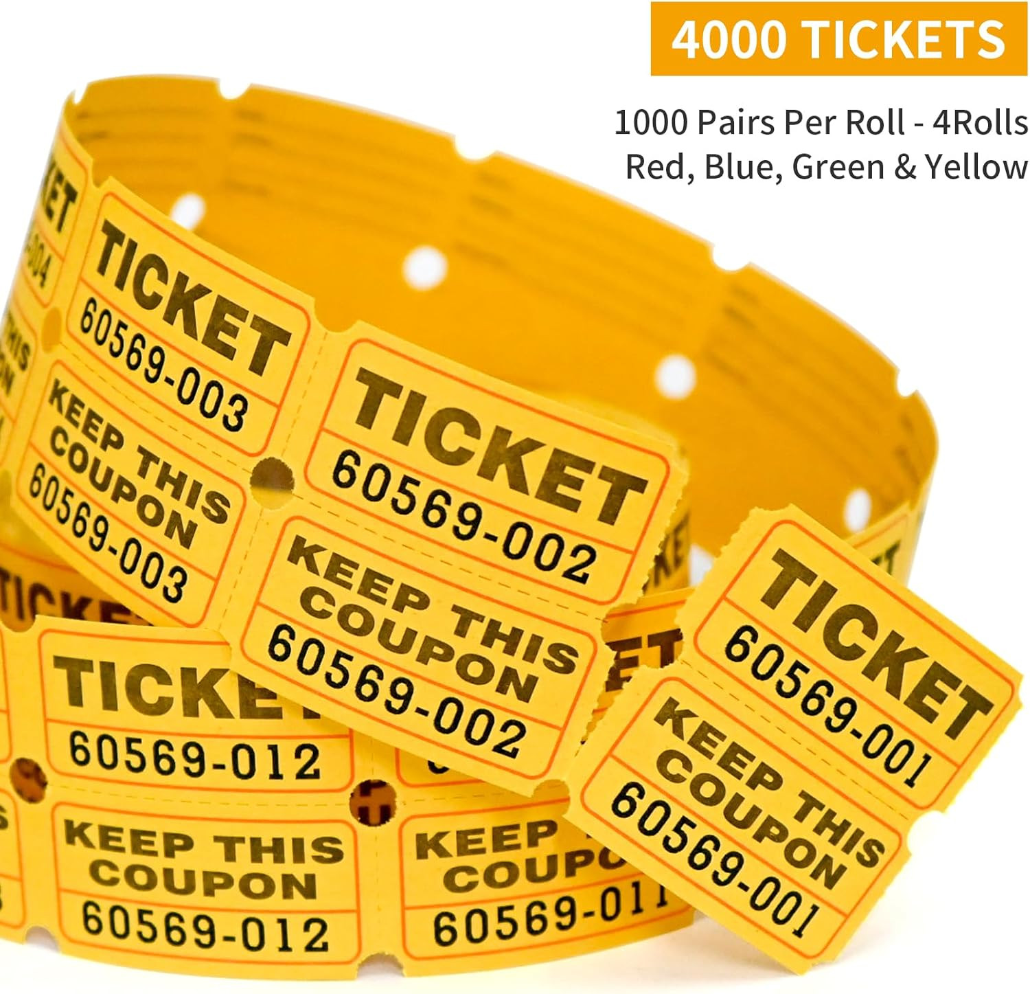 4000 Pairs Double Raffle Tickets – 4 Assorted Colors (Blue, Yellow, Red, Green),