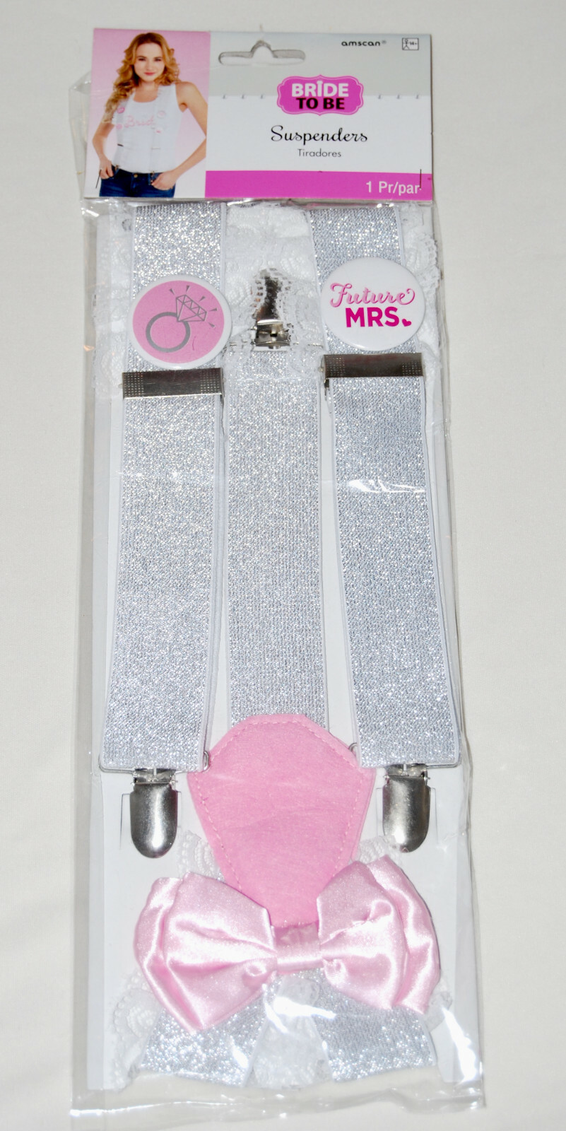 New Amscan Women’s White & Silver BRIDE TO BE Bachelorette Party Suspenders O/S