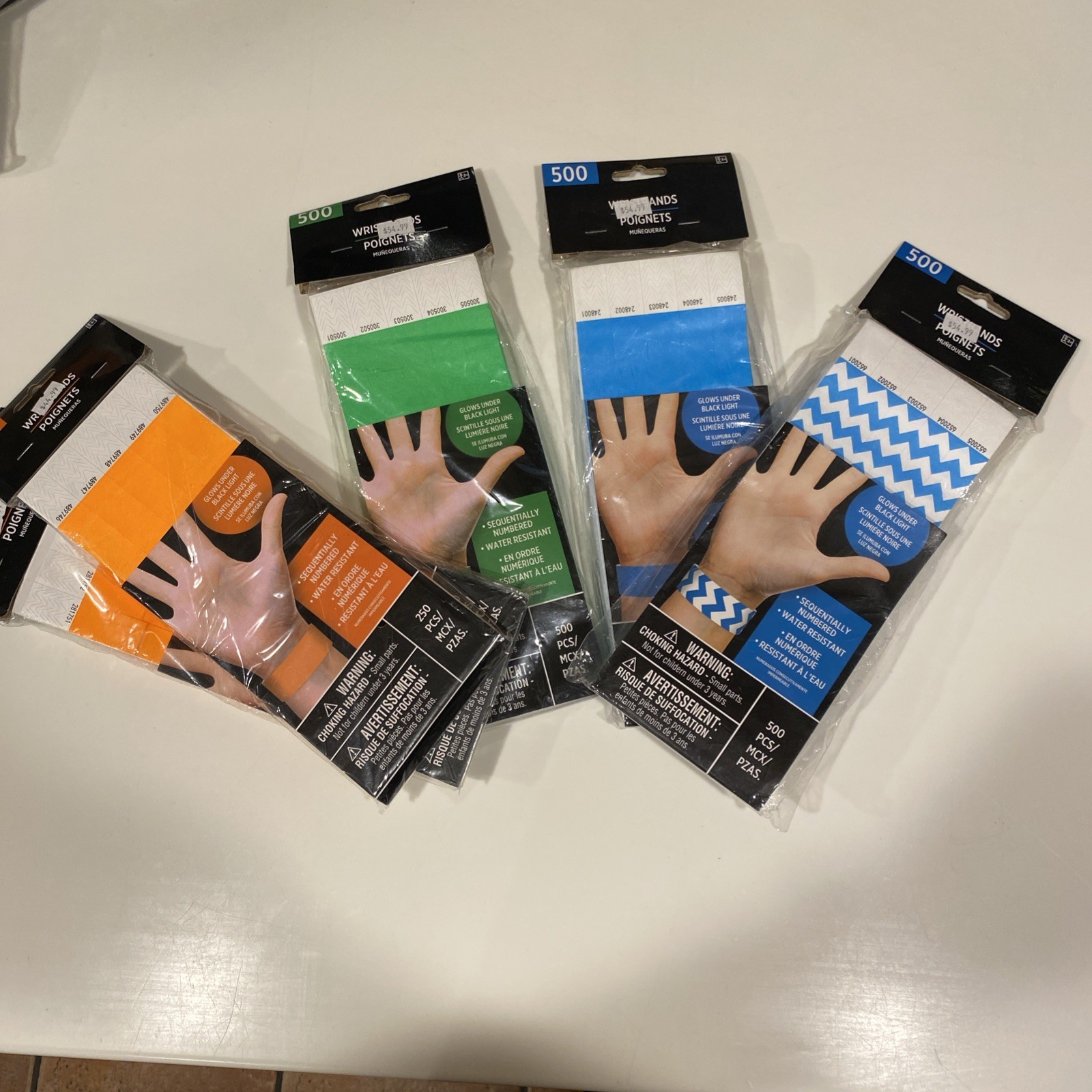 Amscan Tyvek Wristbands 2000 Count New Assorted Colors Solid & Chevron Numbered