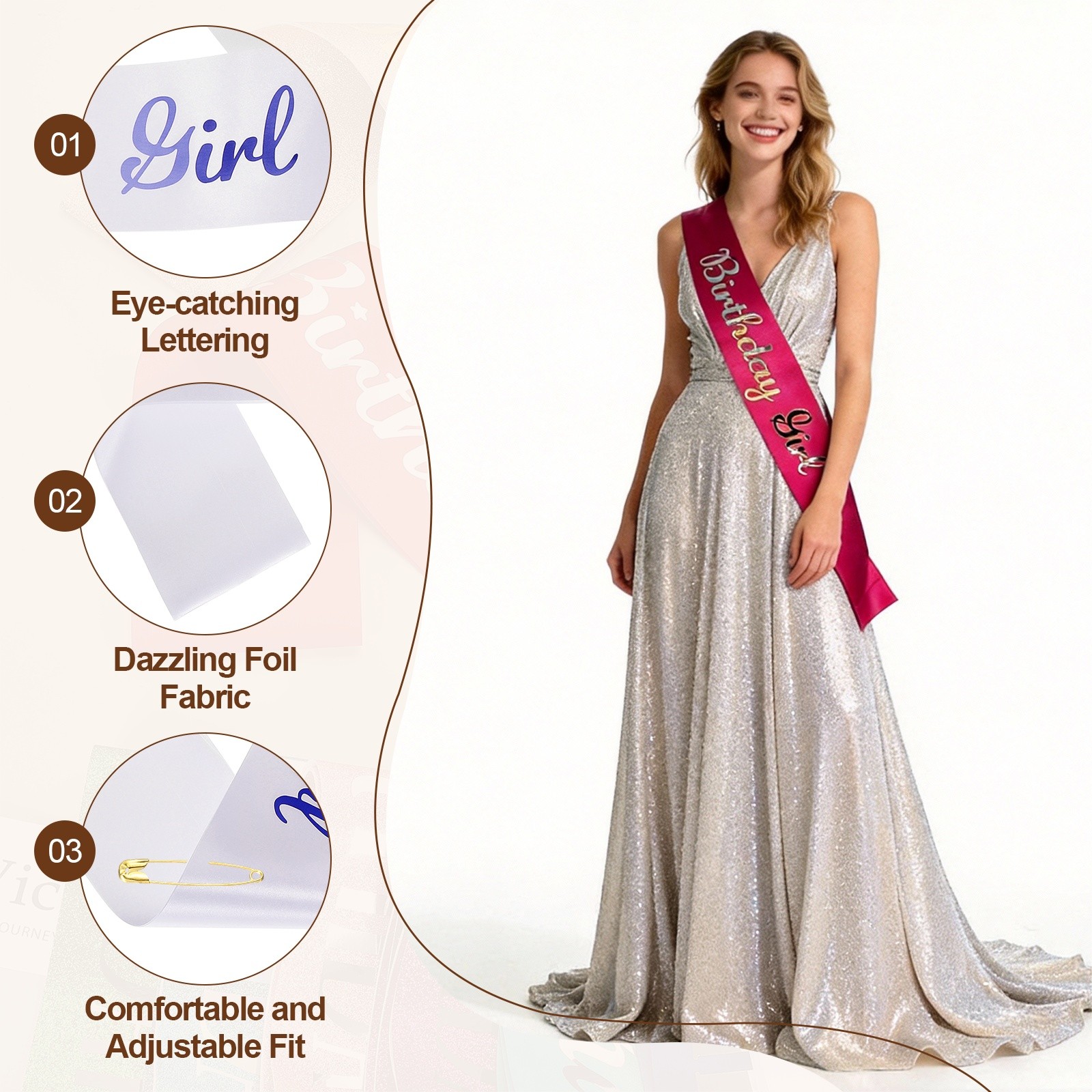 Birthday Girls Sash with Pin Blue Sparkle Lettering for Birthday Party, White