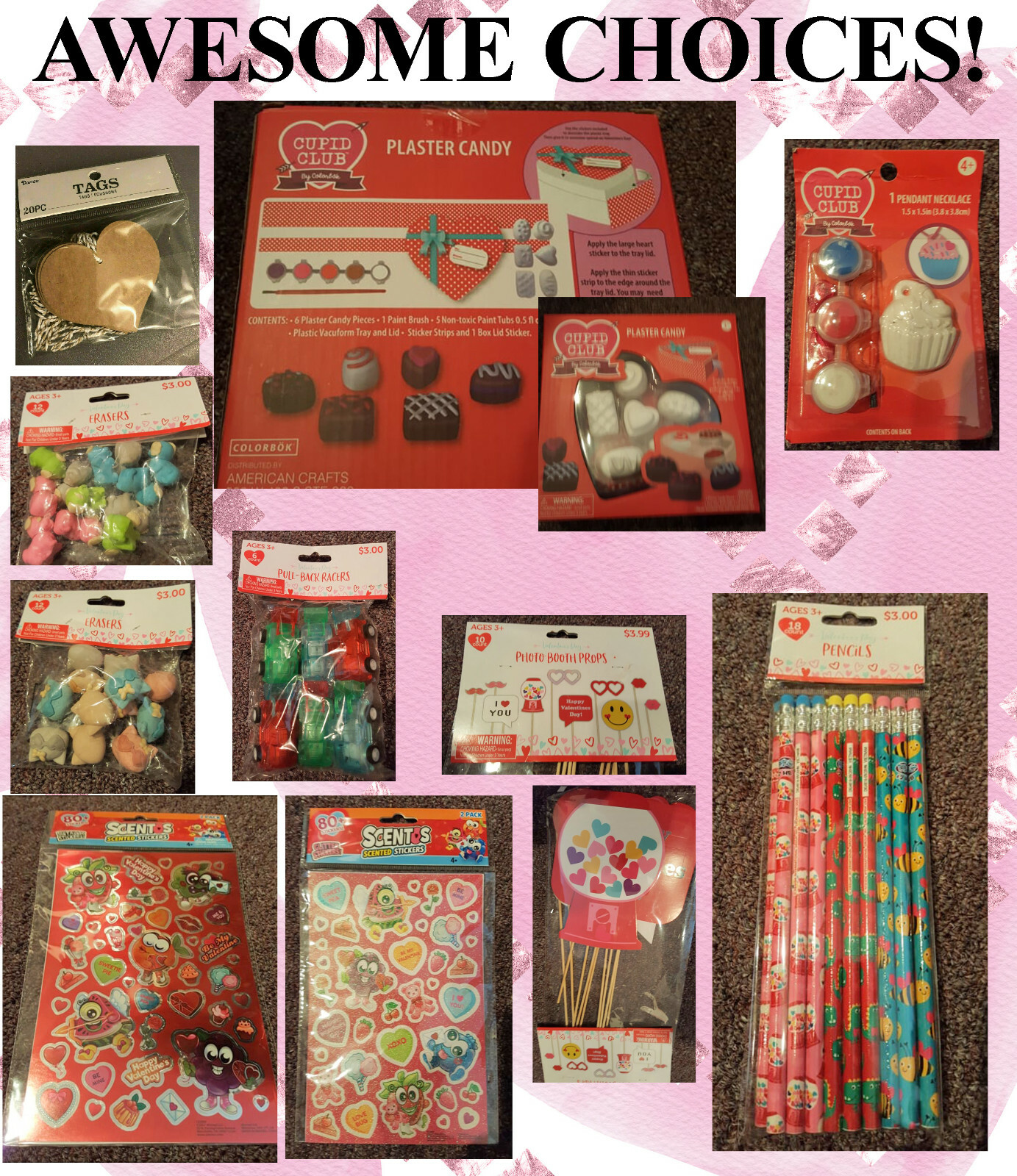 Valentine Party stickers, pull back cars, photo booth props, plaster craft kits