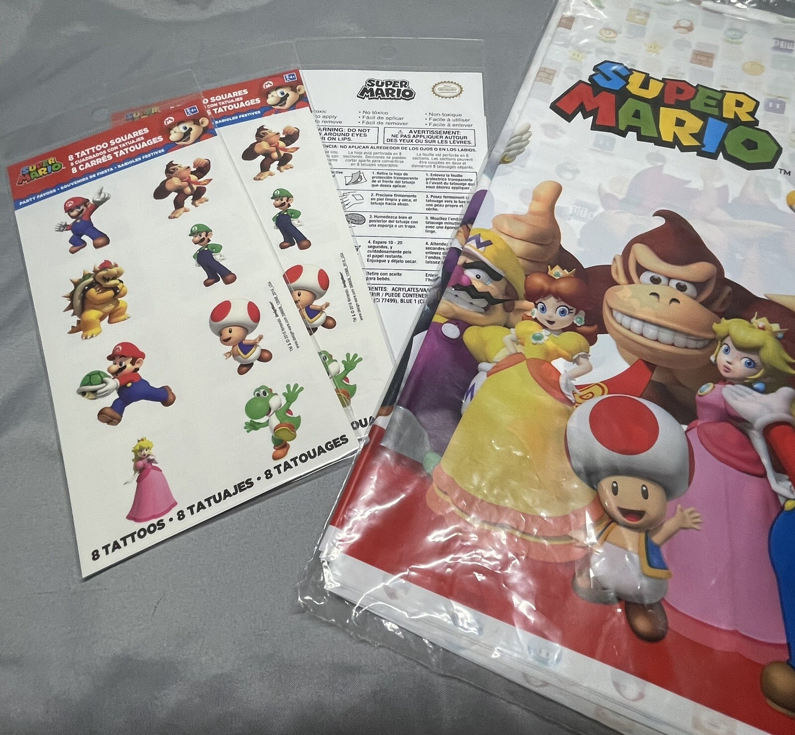 Super Mario Brothers Tattoo Favors-8 Pcs. Lot Of 3 & 1 Party Table Cloth 54×96”