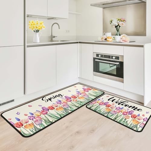 Tulip Floral Spring Decorative Kitchen Rugs Set of 2,Welcome Spring Summer