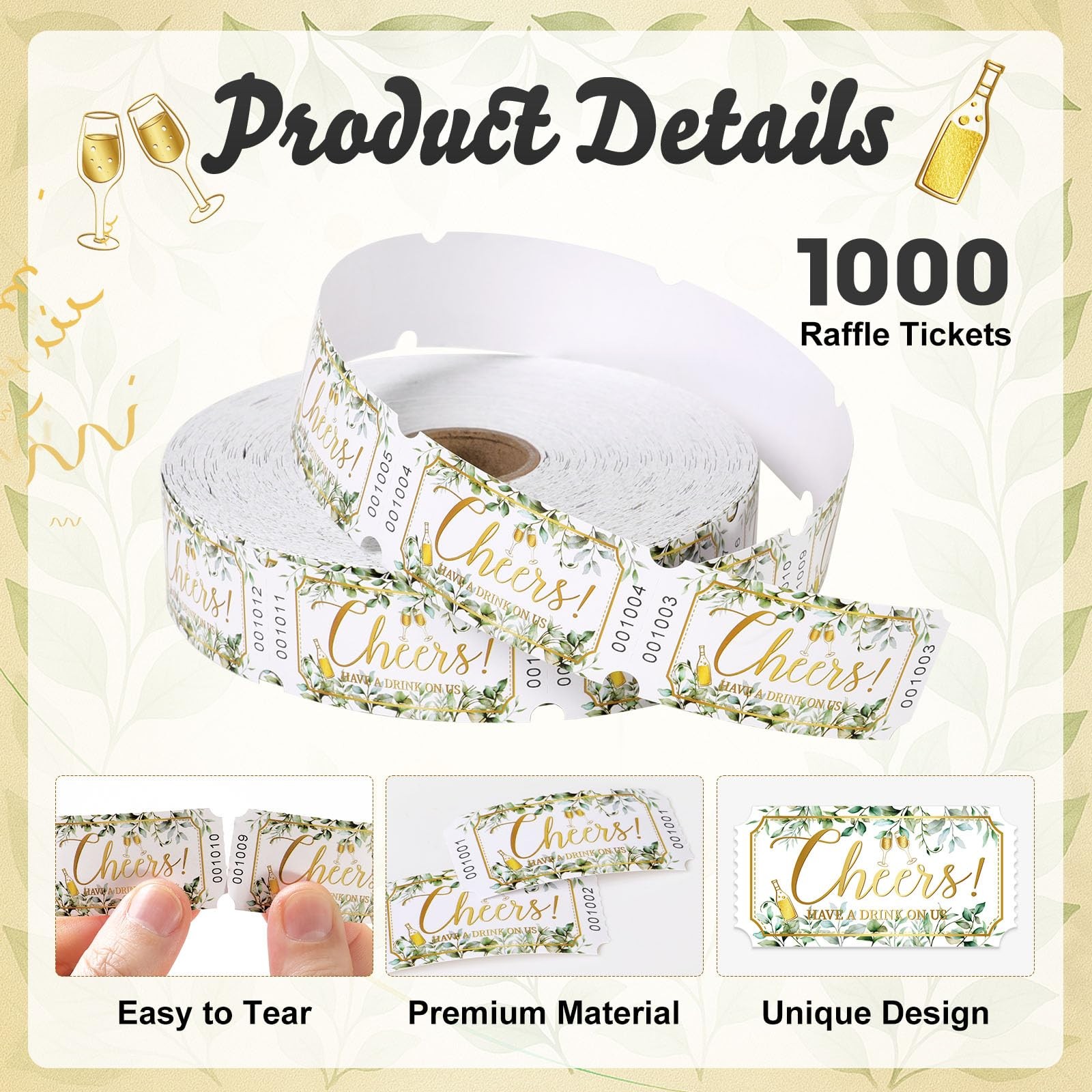 Drink Tickets Single Raffle Roll Greenery Eucalyptus Gold Cheers 1000 Count