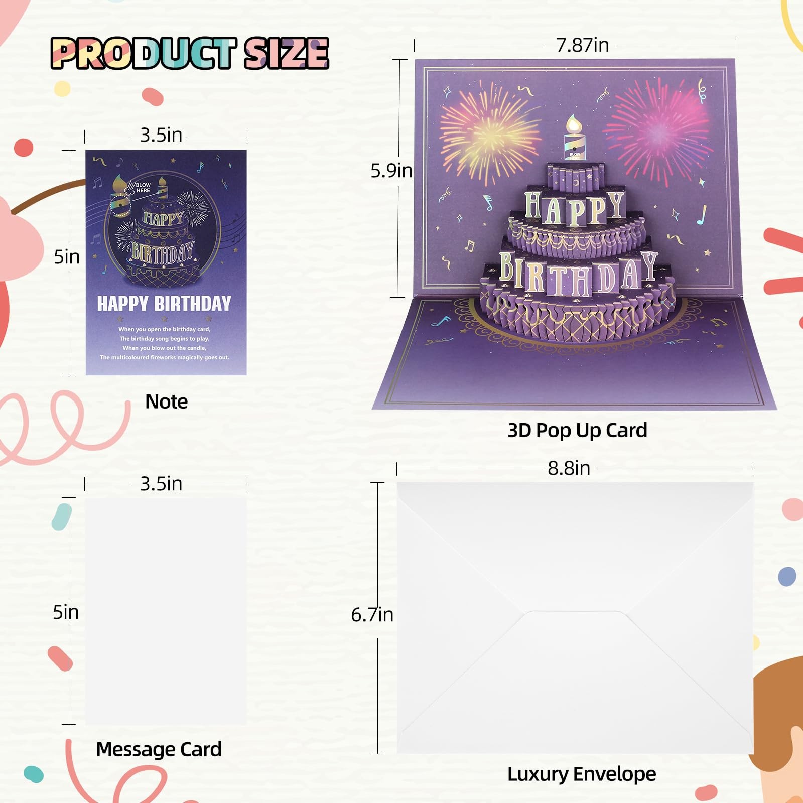 XTF2015 Happy Birthday Cards Fireworks, Lights, Music 7.87*5.9 inch, Purple