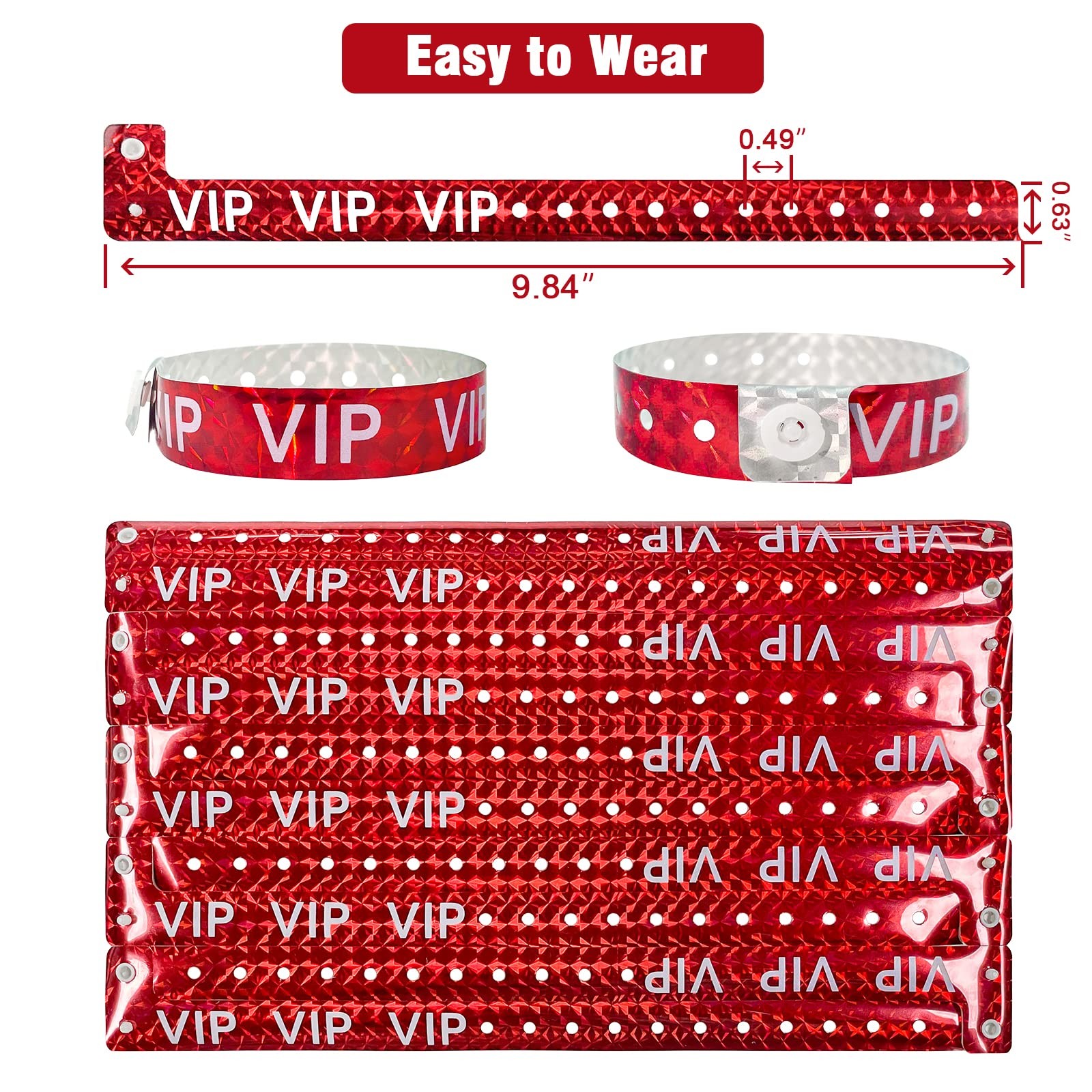 100 PCS Holographic VIP Plastic Wristbands Red Vinyl Events Parties Bands