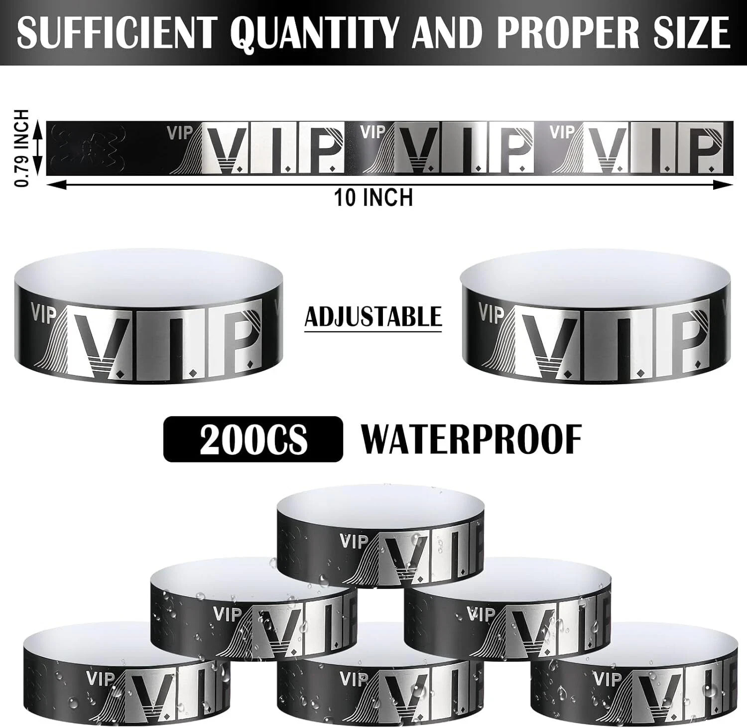 200 Pack VIP Wristbands for Events Bracelets Paper 0.79 x 10 inch, Silver
