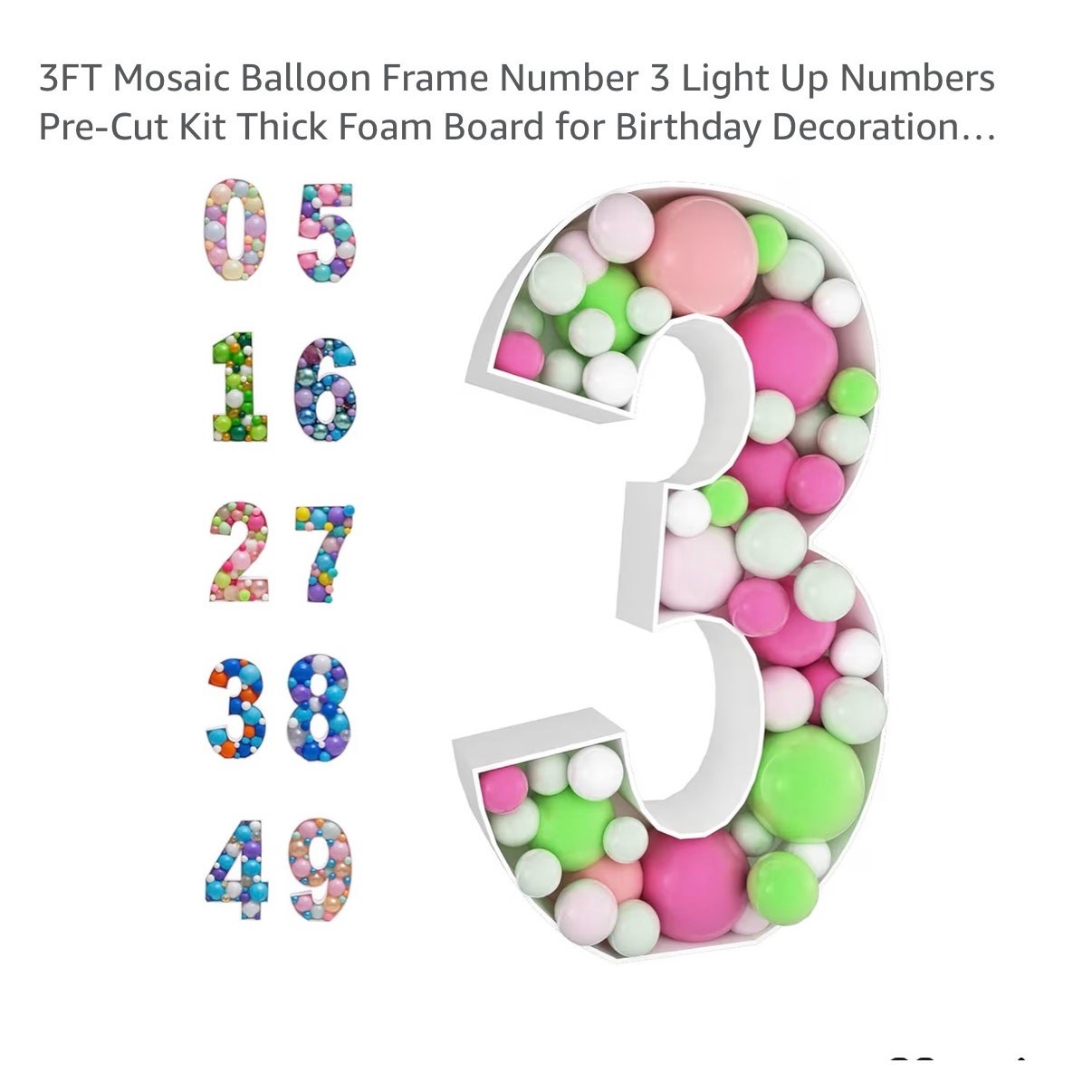 3 FT Mosaic Frame Balloons Number 3 Light Up Numbers