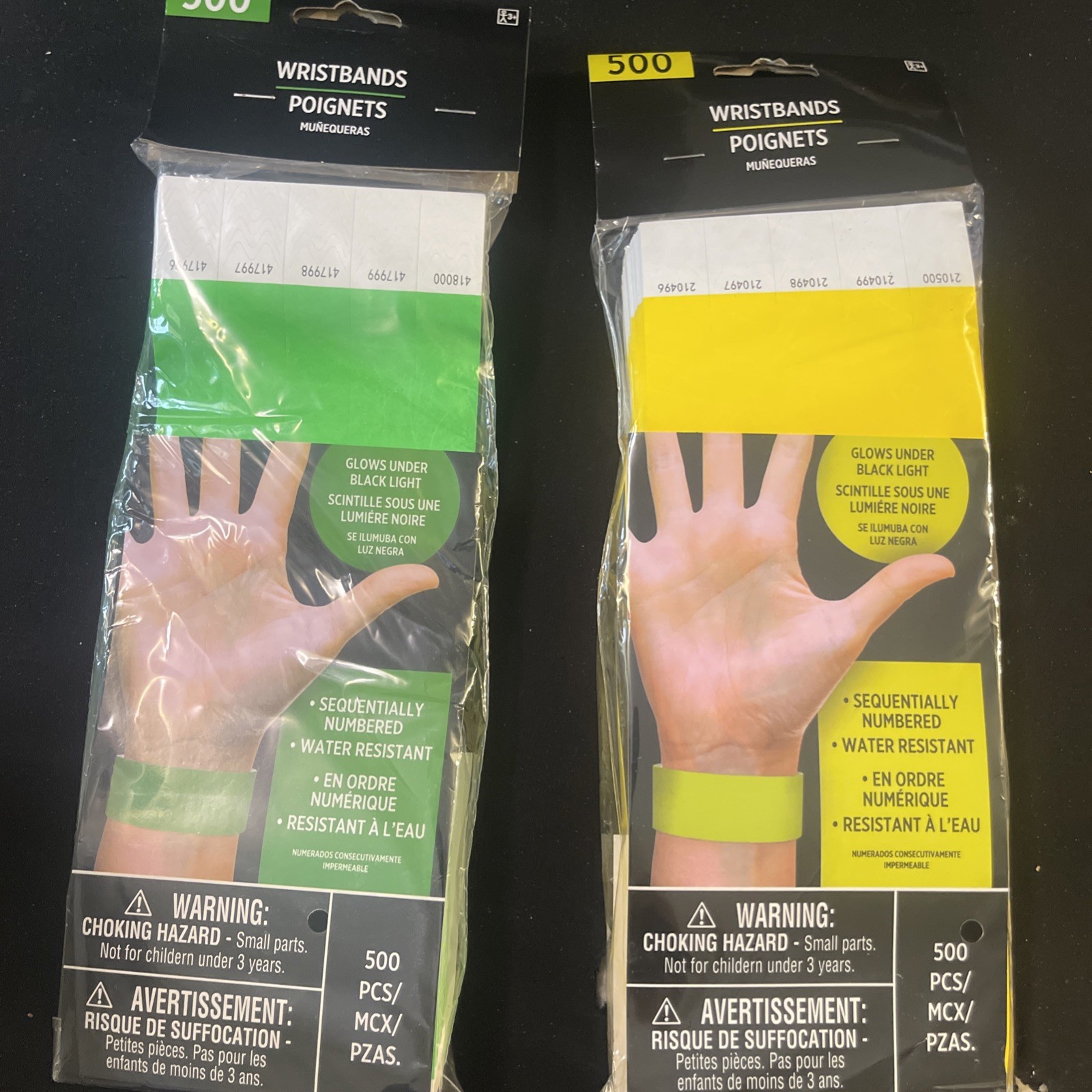 Amscan Tyvek Wristbands 500 Green & 500 Yellow Solid 1000 Total Numbered Glows