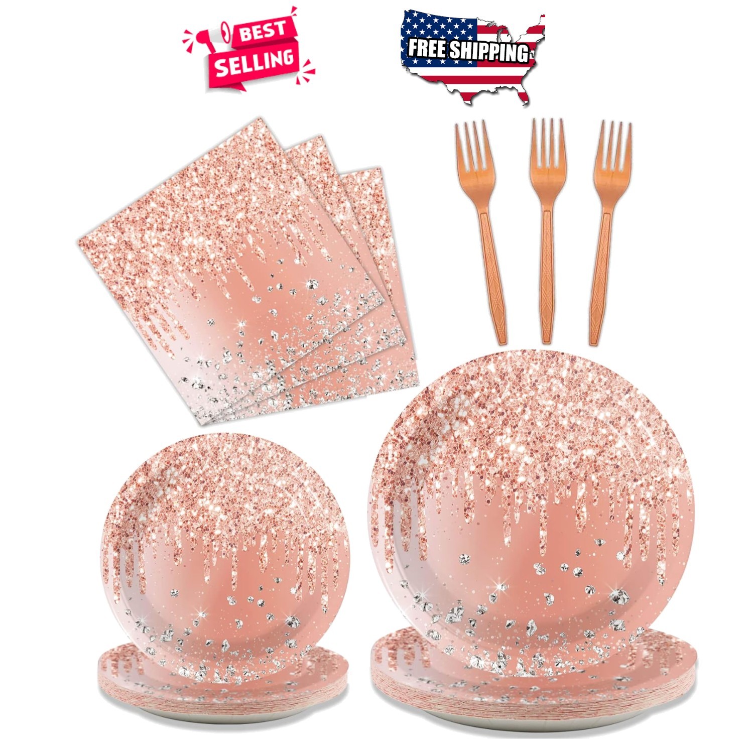 Birthday Tableware Set Pink Rose Gold Disposable Plates Napkins Forks 24 Guests