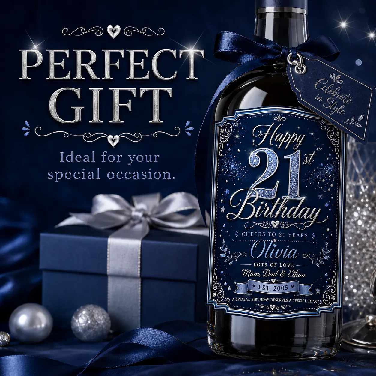 Personalised 21st Birthday Bottle Label Sticker Wine Gift Blue Silver