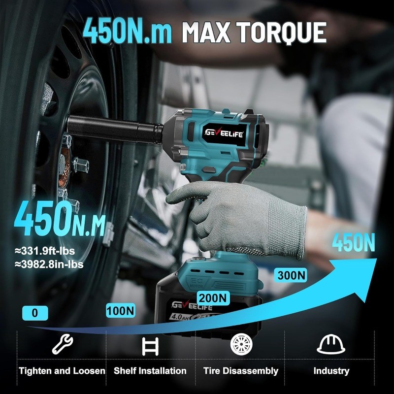 450N.m/332Ft-lbs Brushless Impact Wrench,1/2″ Cordless Impact Gun with 4.0Ah Bat