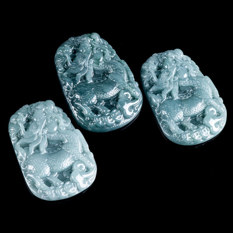 Natural Jadeite Qilin Pendant Necklace, Carved Kirin Amulet for Luck Prosperity