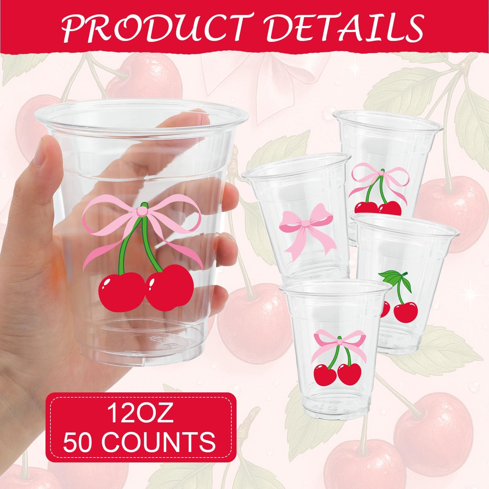 ABURRORI 50 Pcs 12OZ Cherry Bow Plastic Cups, Pink standard,