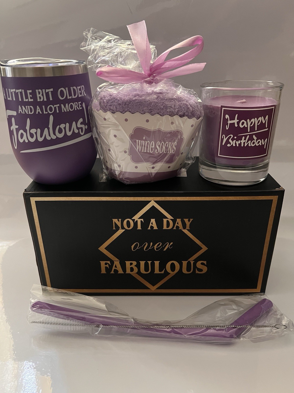 NIB Not A Day Over Fabulous Bday Gift Set -Purple (Wine Cup & Socks with Candle)
