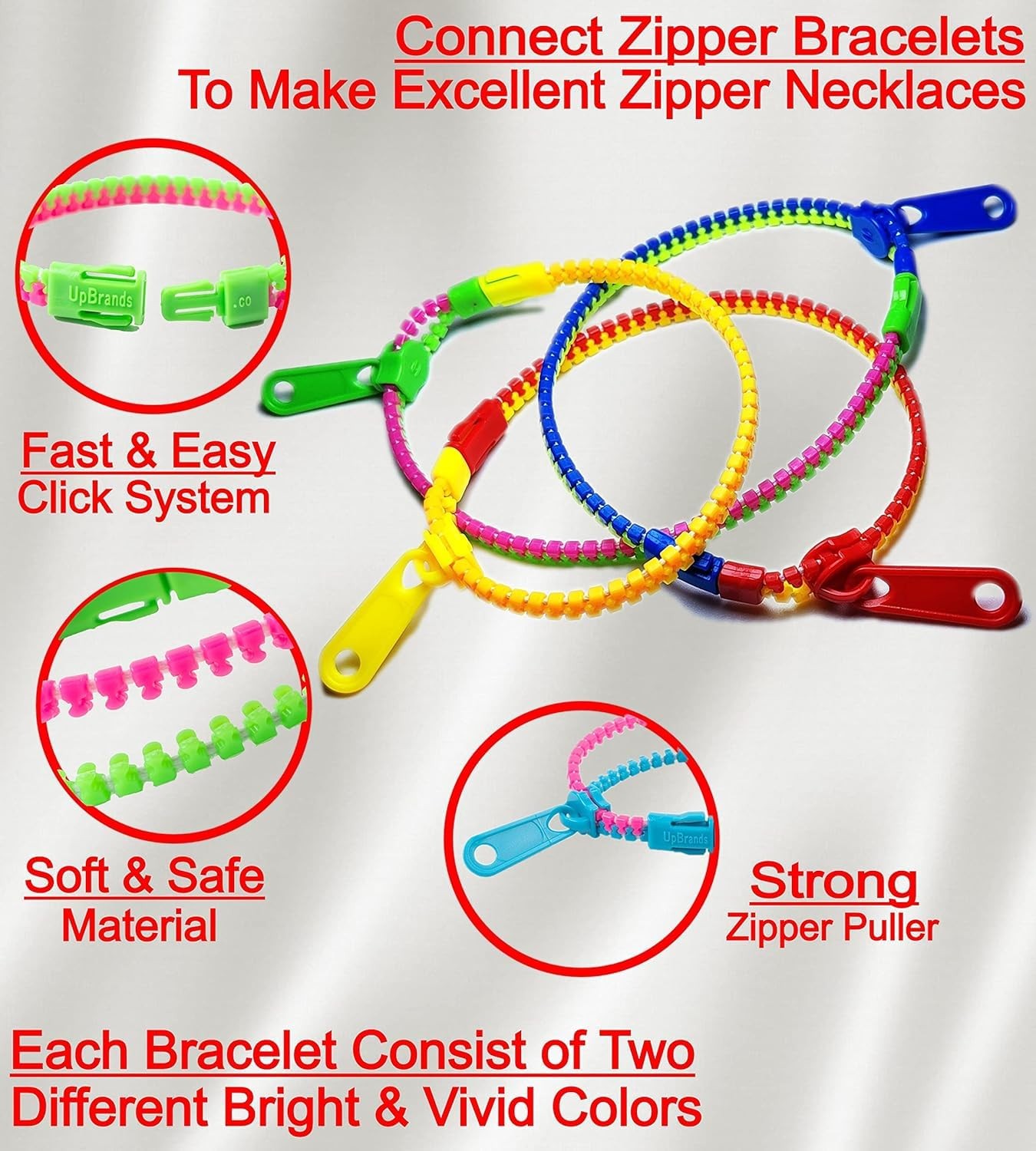 UpBrands 24 Pack Fidget Zipper Bracelets 7.5in Multicolor Sensory Toy Kids