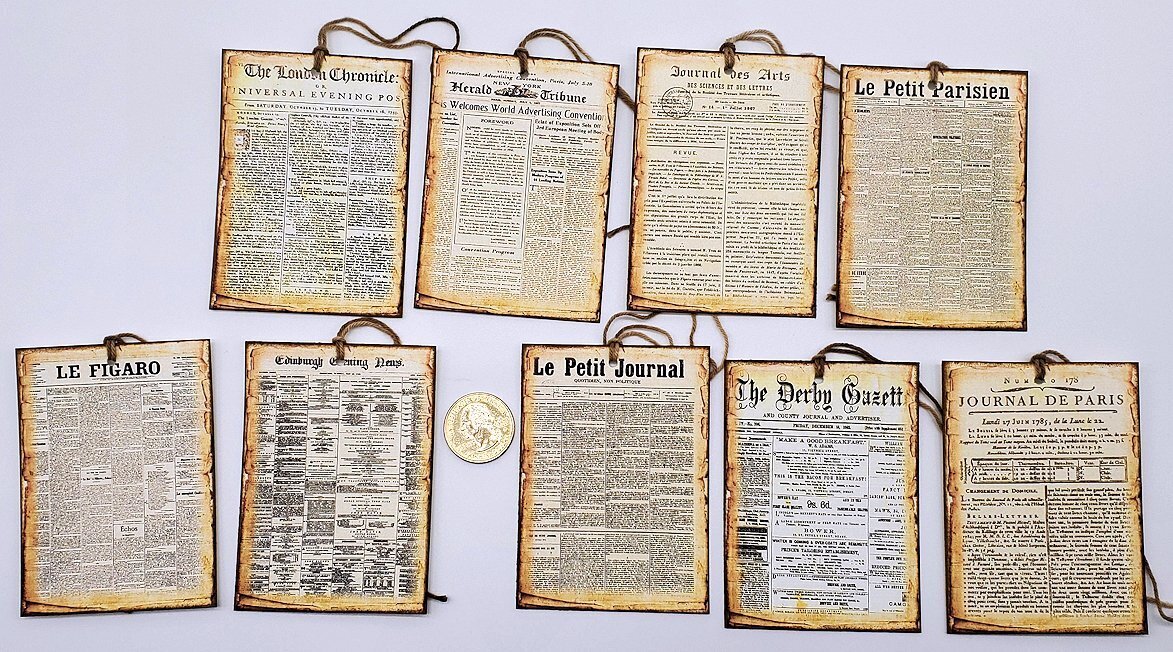 9~Ephemera~Handmade~Linen Cardstock~Old Newspapers~Gift~Hang~Tags~Journals
